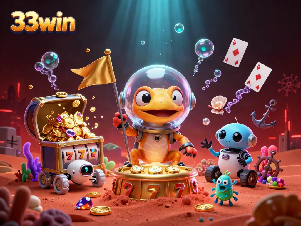 33win’s vibrant illustration showcases a Martian gecko discovering a golden casino, enriching the gambling experience.