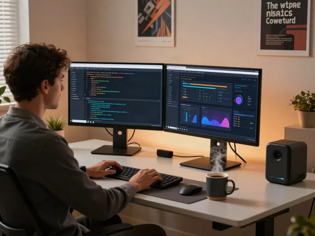 Không gian làm việc công nghệ hiện đại với lập trình viên, mã code và thiết bị hiện đại, thể hiện khái niệm n188.
