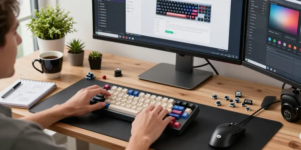 Wooting 60HE v2 upgrades showcased through a vibrant keyboard assembly process in a modern tech workspace with colorful keycaps and switches.