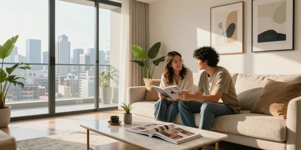 Bright interior showcasing a new launch condo with a couple discussing decor options and city views.