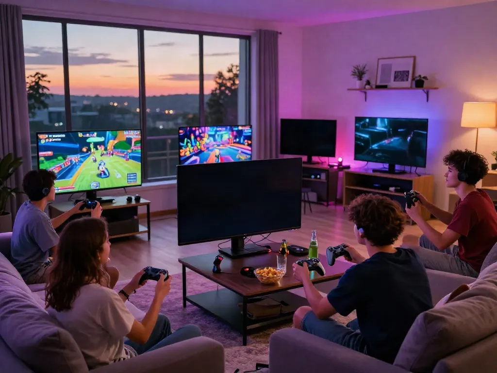 Friends enjoying PSGSLOT video game together in a vibrant living room.