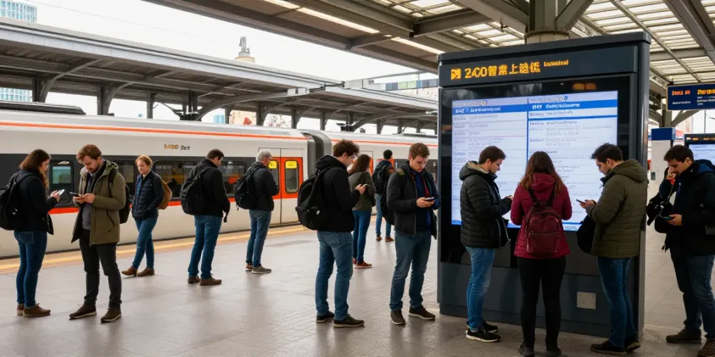 Commuters at a train station checking for train strikes updates on their phones.