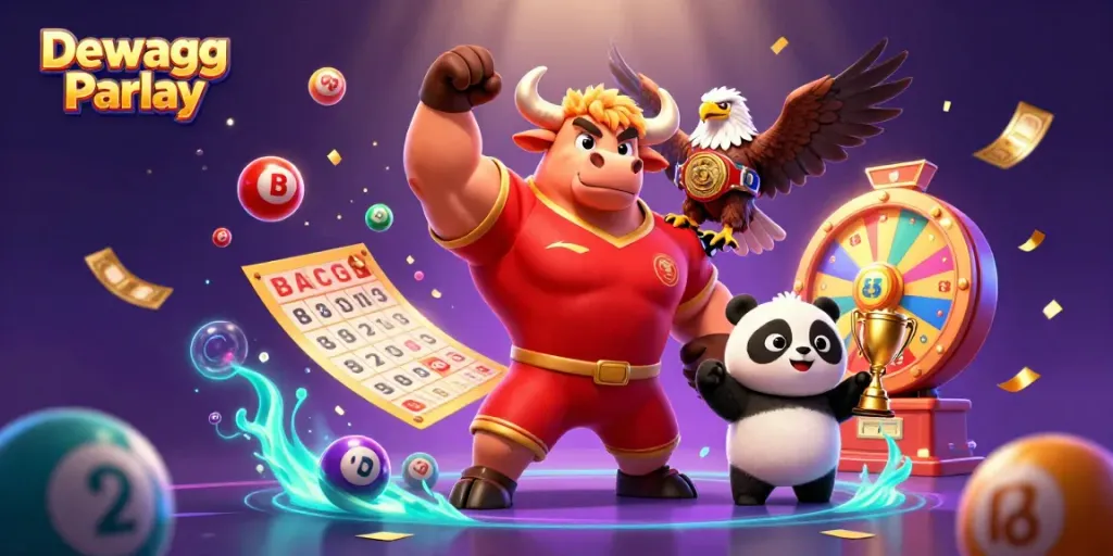 Experience the excitement of Dewagg Parlay with vibrant gaming elements and mascots celebrating victories