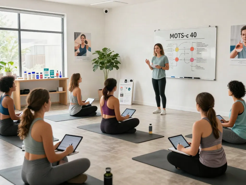 Workshop about MOTS-c 40 benefits in a bright health studio with attendees engaged and taking notes.