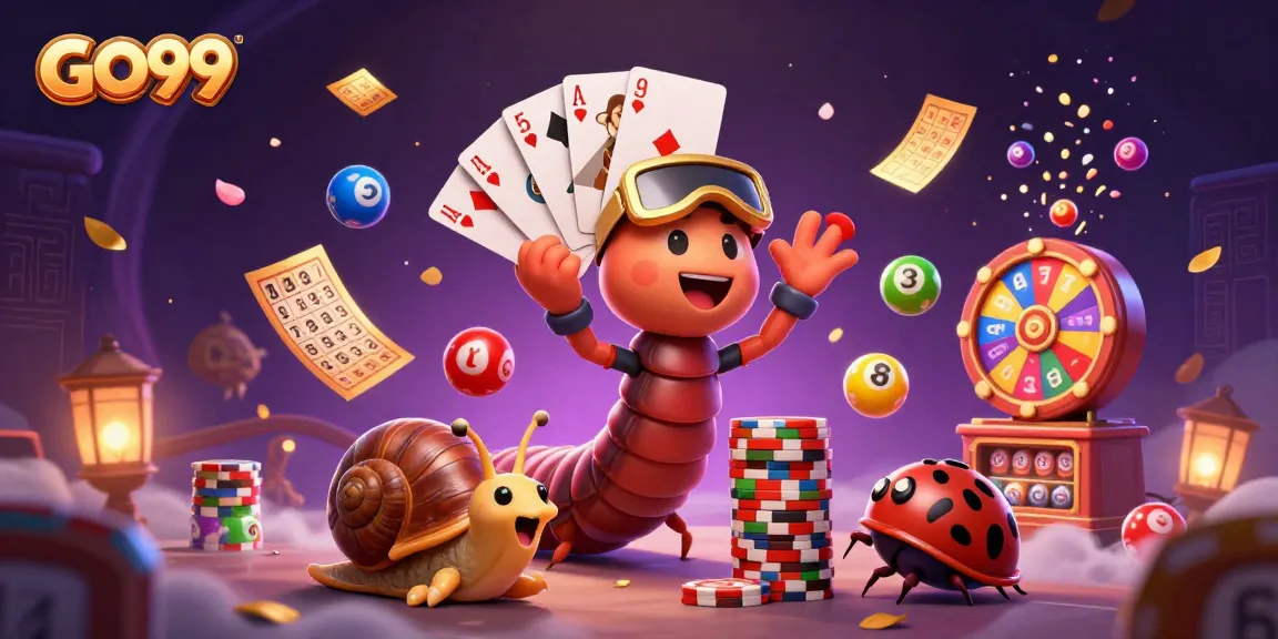 GO99 lottery scene with a millipede dealer and high-roller snail amidst colorful game elements.