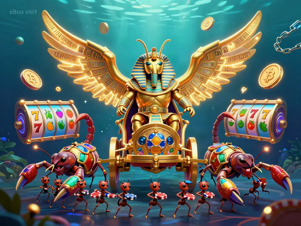 Engage with situs slot gaming under the sea, showcasing vibrant slot reels and 3D characters.