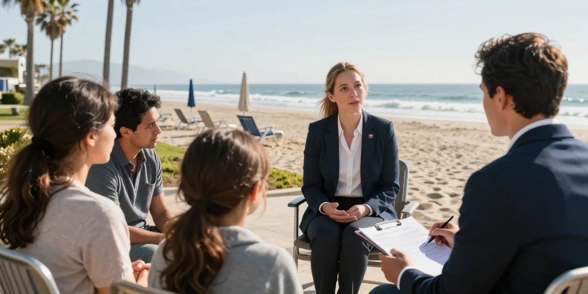 Compassionate wrongful death lawyer California consulting with a grieving family on a beach