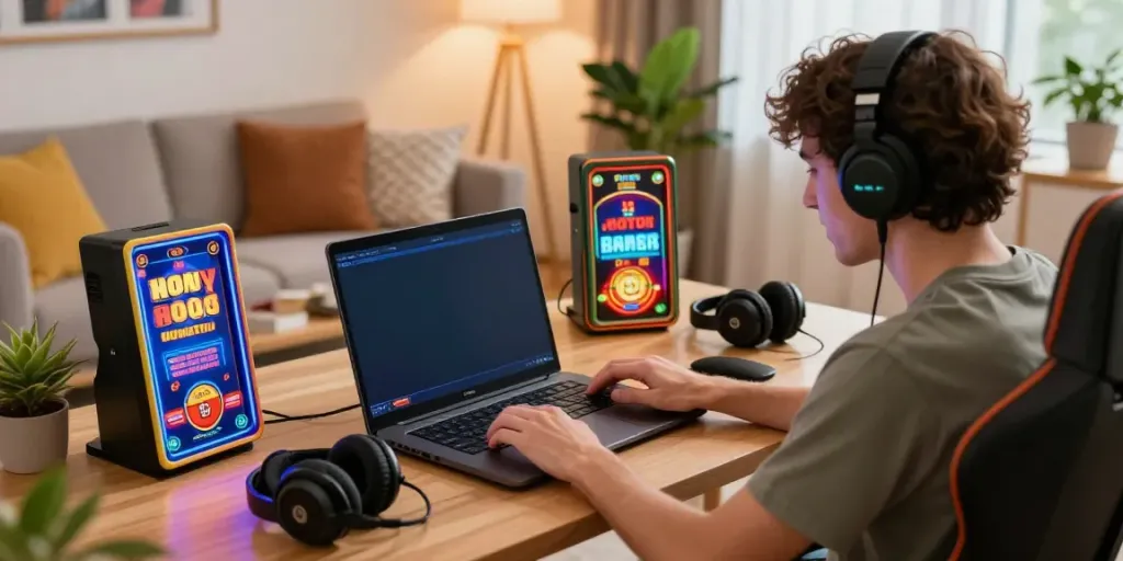 Engaging scene of a player enjoying non GamStop casinos at home with vibrant decor.