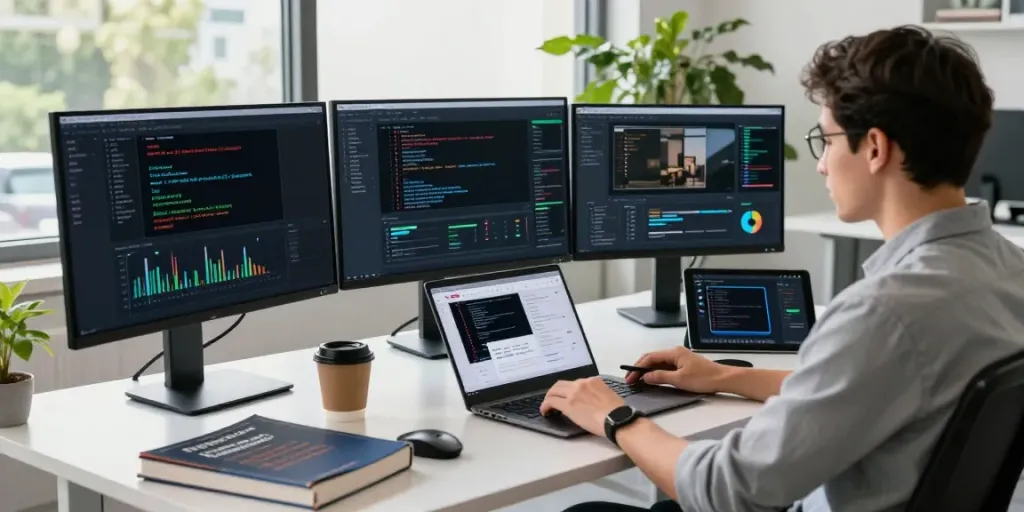 Developer optimizing aieo ai engine optimization tools in a modern tech workspace.
