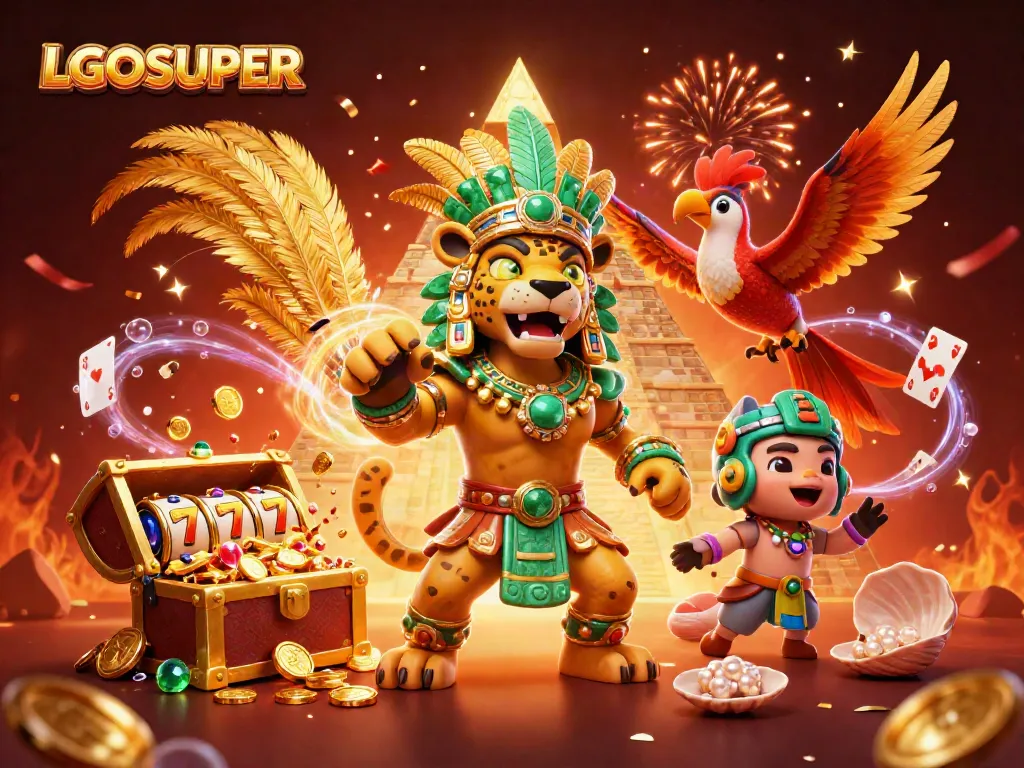 Experience the thrill of LGOSUPER with a vibrant 3D illustration featuring a Mayan jaguar priest and dynamic slot elements.