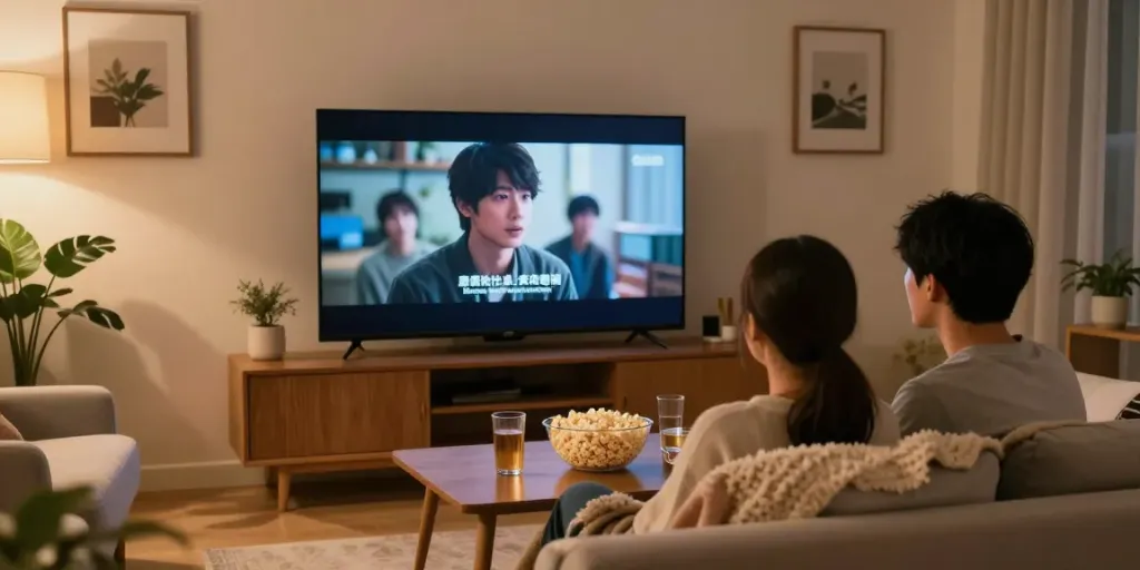 Couple enjoying jav sub indo movies in cozy living room.
