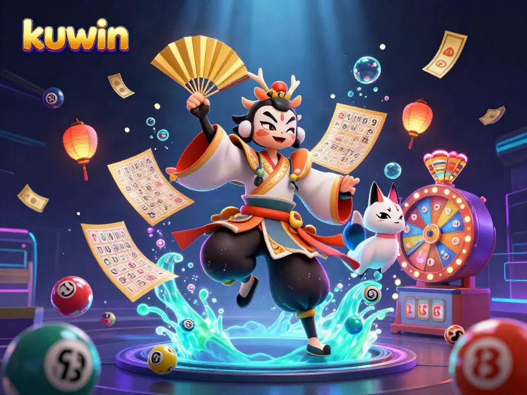 Kuwin themed illustration showcasing a kabuki warrior and kitsune mask in a vibrant casino scene with games.
