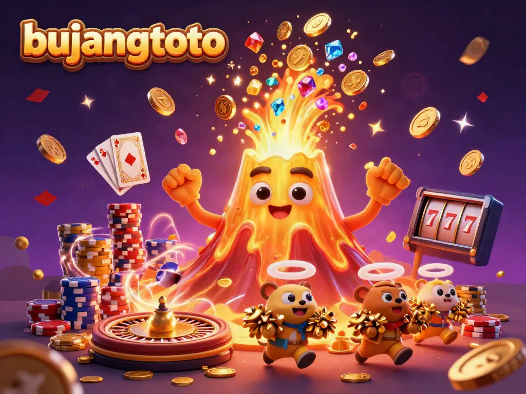 Experience the excitement of bujangtoto with a vibrant 3D illustration showcasing a golden volcano erupting treasures amidst casino elements.