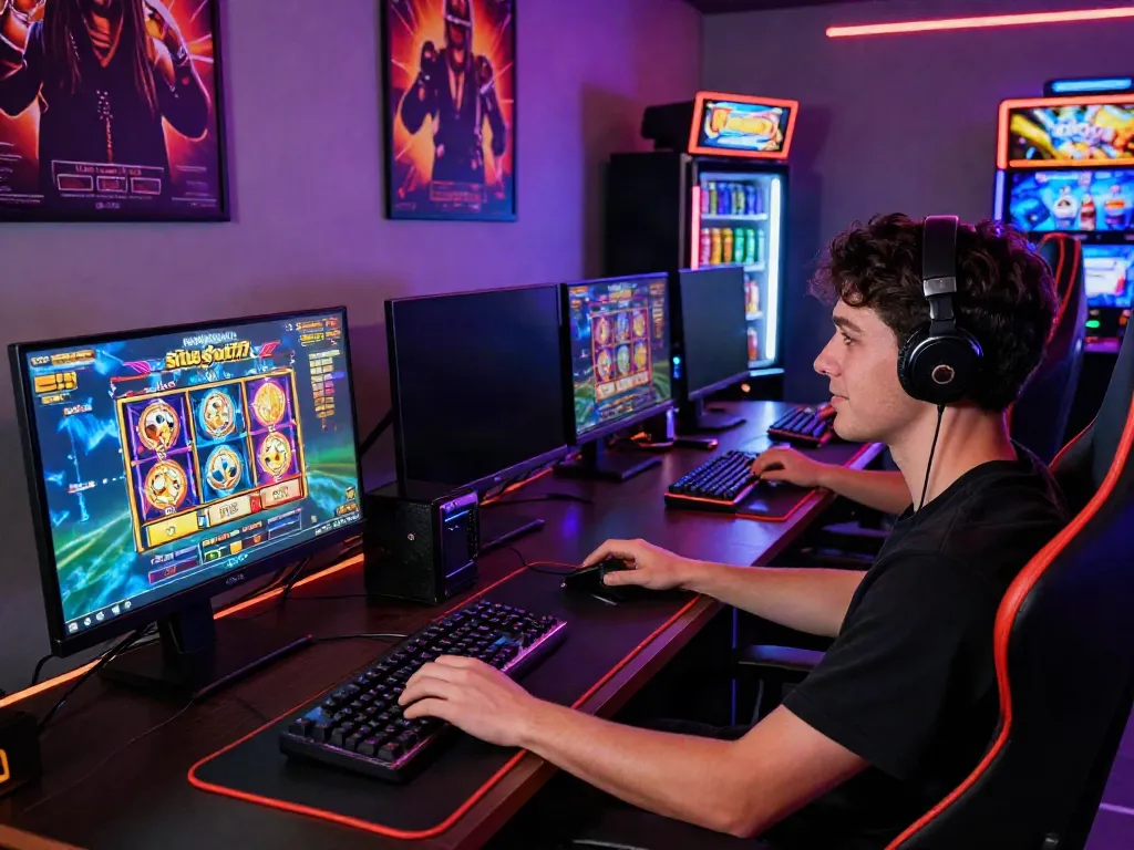 Player enjoying situs slot777 games at a dynamic gaming desk with multiple monitors.