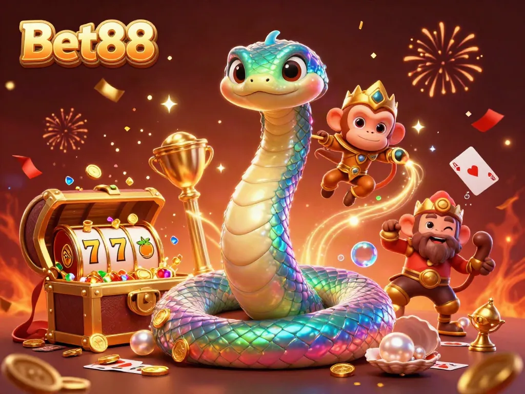 Experience the vibrant world of Bet88 with an energetic illustration of colorful casino elements and characters.