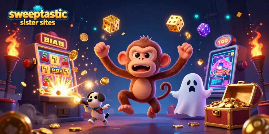 Sweeptastic sister sites showcasing a playful ghost-hunter puppy pursuing a poltergeist monkey with casino winnings.