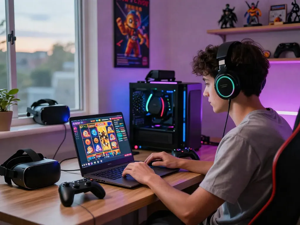 Engaged player experiencing slot gacor games on a laptop with colorful gaming accessories.
