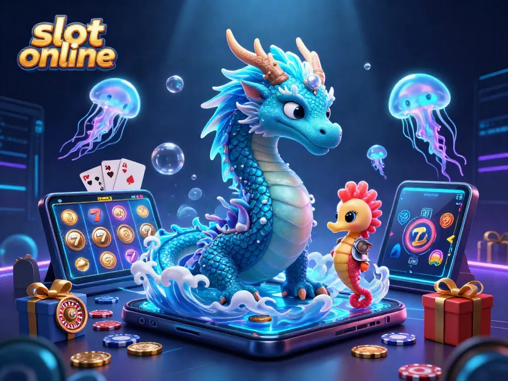 Engage with slot online experiences through a vivid 3D scene featuring a glowing dragon and casino elements.