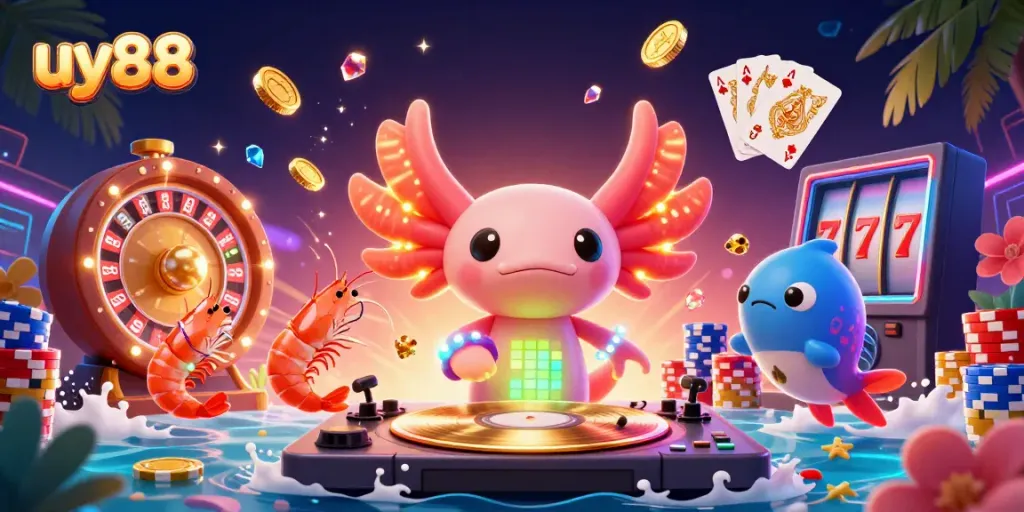 Experience the excitement of uy88 with this vibrant casino scene featuring an axolotl DJ and dazzling games.
