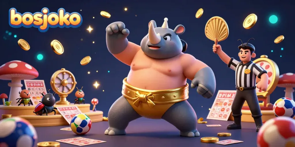 Engage with bosjoko in a vibrant lottery scene featuring dynamic characters and sparkling elements.