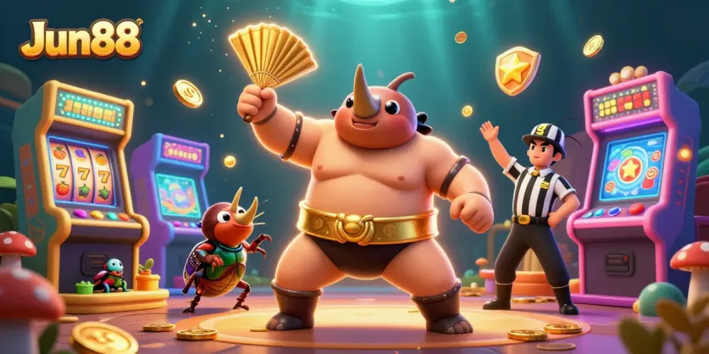 Engage with the dynamic Jun88 casino scene, featuring a sumo champion beetle amidst falling coins, arcade elements, and more.