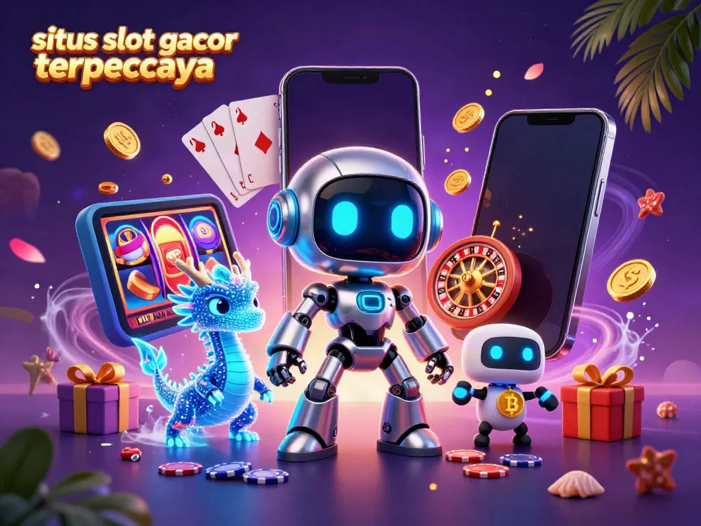 Engage with situs slot gacor terpercaya in a vibrant 3D scene featuring neon robots and animated casino elements.