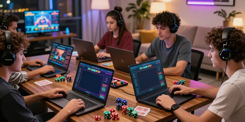 Engaged online players at http://9betcasino.pro/ enjoying vibrant digital casino games in a modern setting.