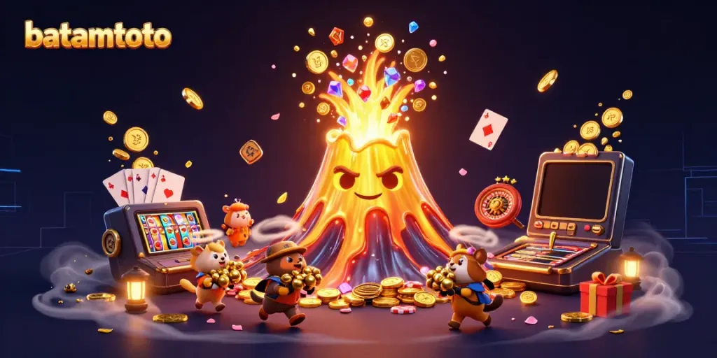 Experience the excitement of batamtoto with a golden volcano erupting treasures in this vibrant scene.