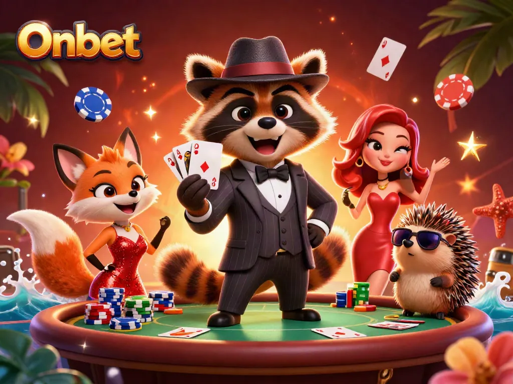 Engage in thrilling poker action with the vibrant Onbet casino characters at an energetic scene.