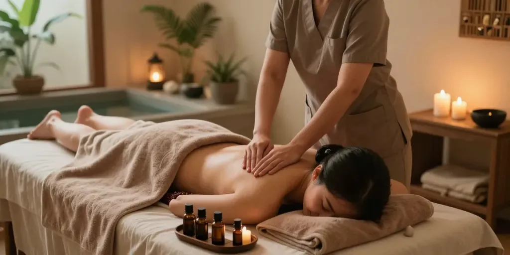 Client enjoying 용인출장마사지 in a calming spa environment with soothing ambiance and wellness elements.