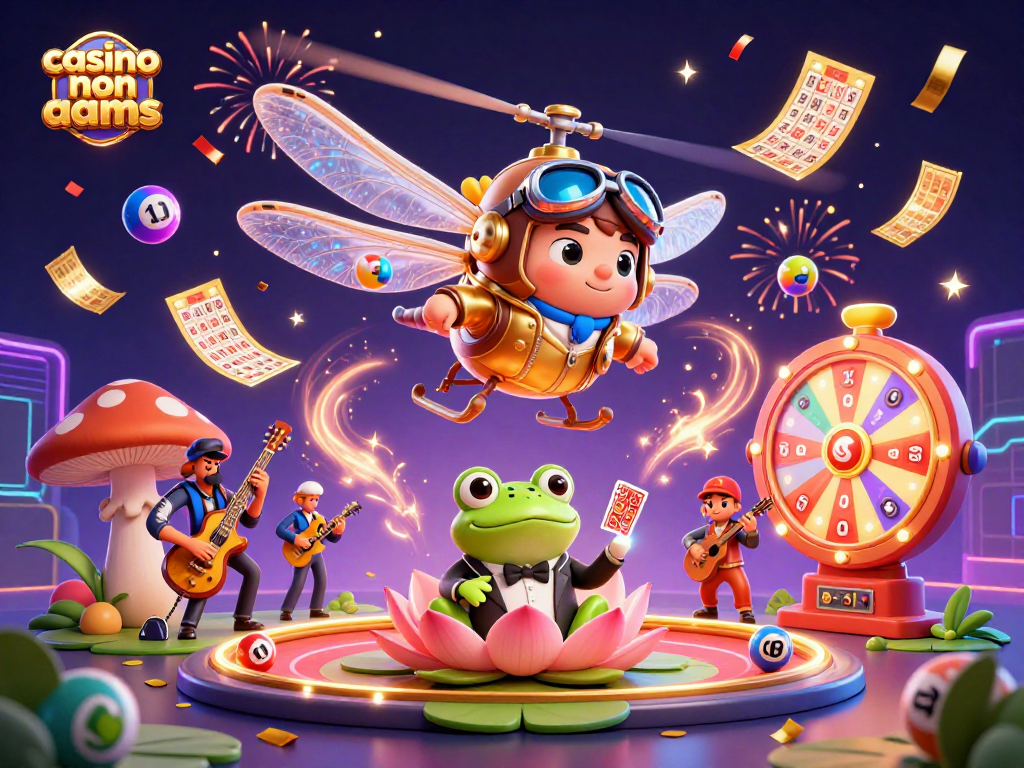 Gioca al casino non aams con la vivace illustrzione di un pilota di insettino ed un croupier rana che distribuiscono carte