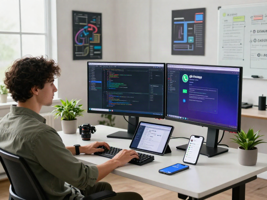 Developer coding gb whatsapp app in a modern office setting with multiple screens and vibrant colors.