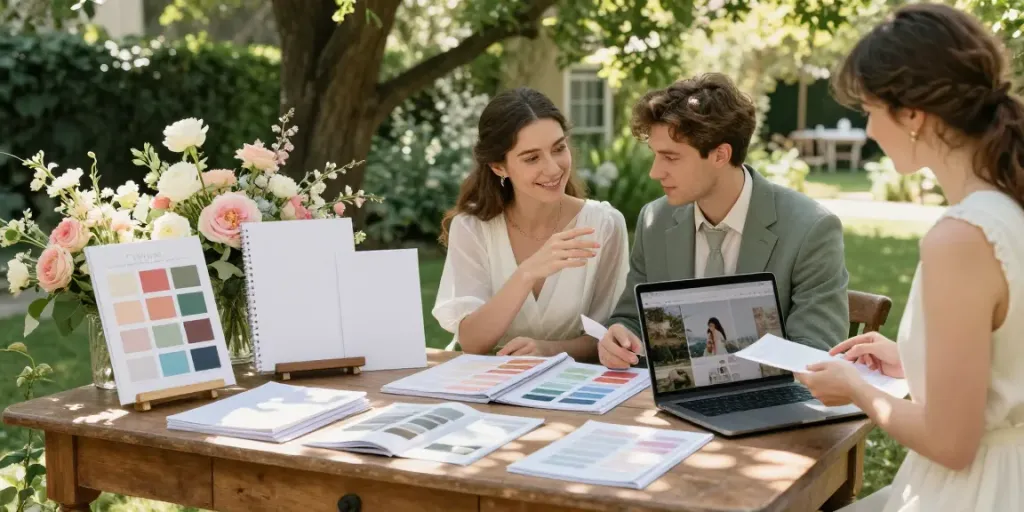 Couple discussing wedding planning tips with a planner in a garden.