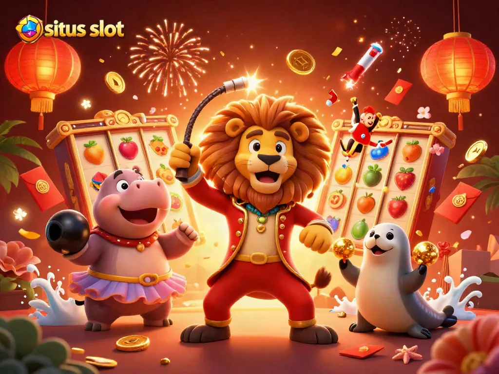 situs slot animated scene with vibrant characters and dynamic slot elements creating an engaging casino atmosphere