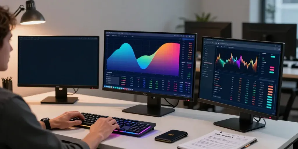 Dynamic trading environment featuring a stock market API dashboard, crypto analysis charts, and advanced trading tools for secure trading.