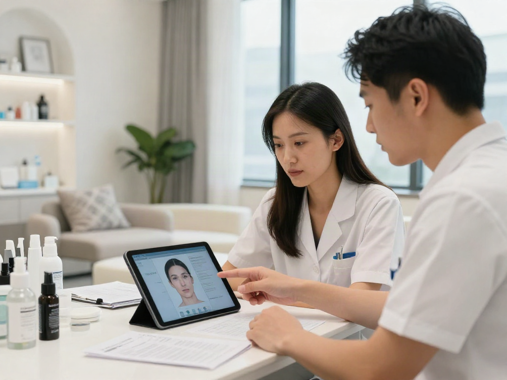 ClinicEvo vs QOVES consultation in a modern aesthetic clinic highlighting facial analysis.