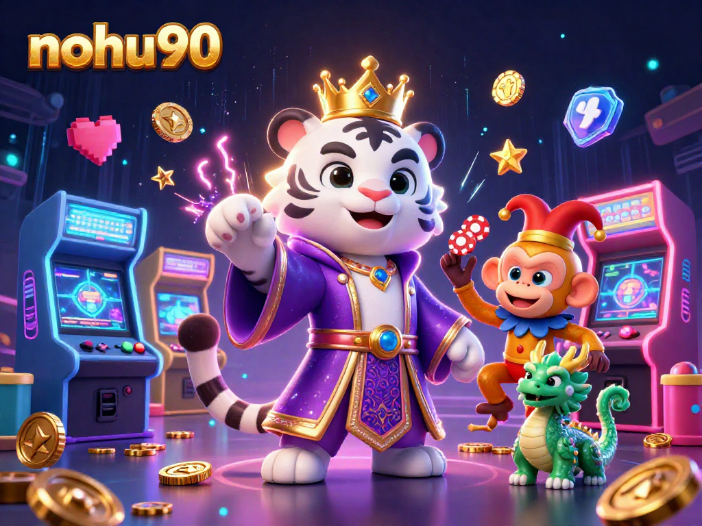 Nohu90 showcases a vibrant casino scene with a royal tiger, a jester monkey, and a lively jade dragon, combined with colorful gaming elements.