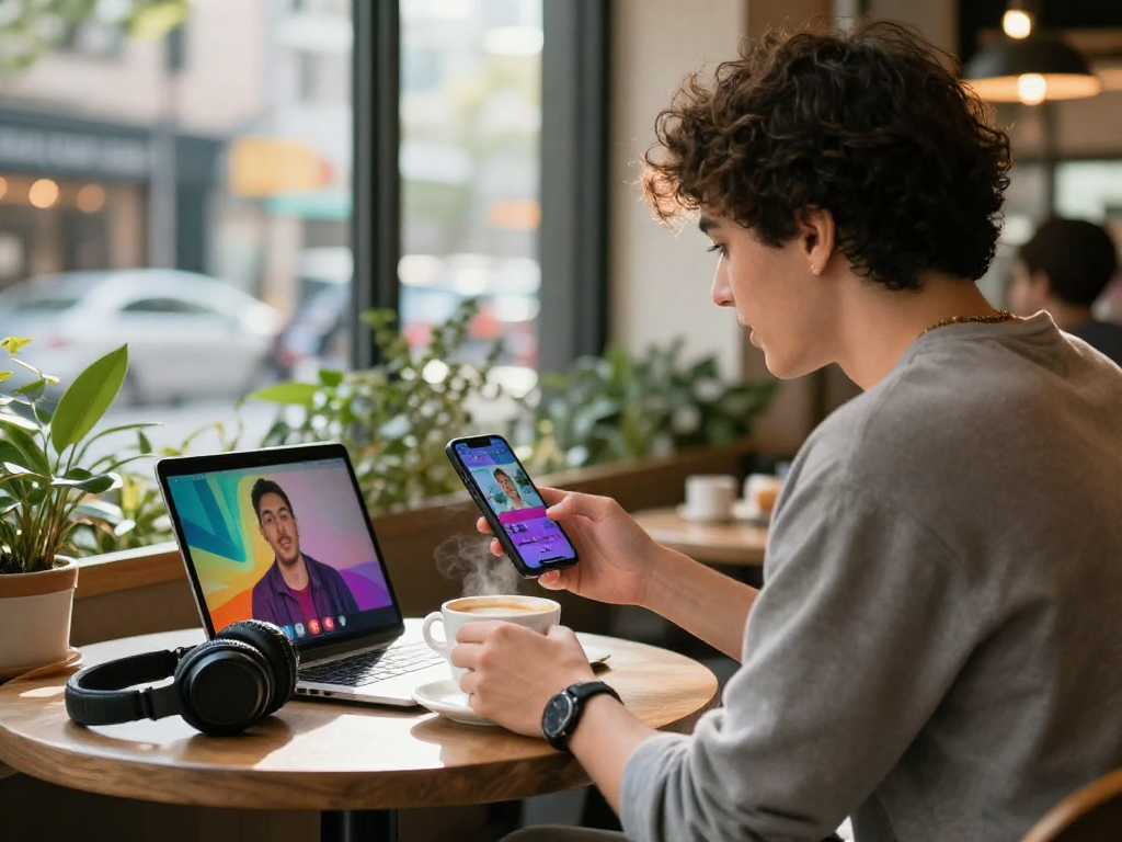 Engaging in pink chat video conversation at a cozy cafe setting