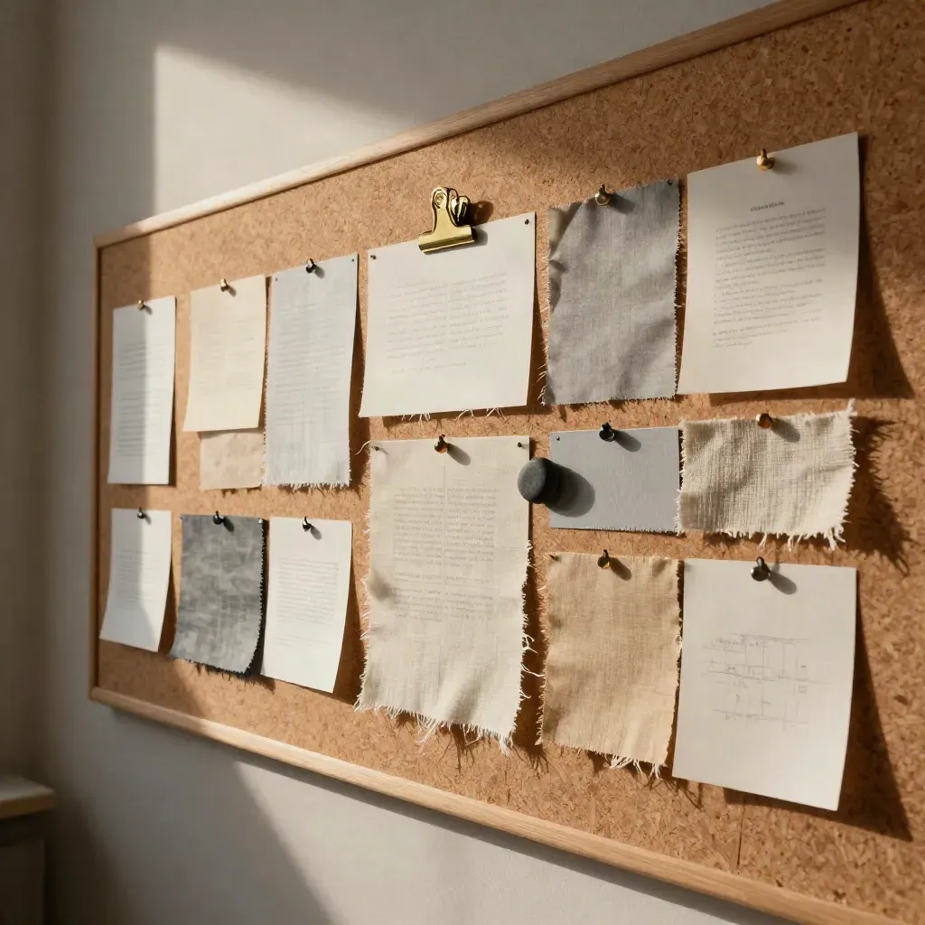 Cork story wall with unmarked cards, fabric swatches, pebbles and a brass clip in studio light.