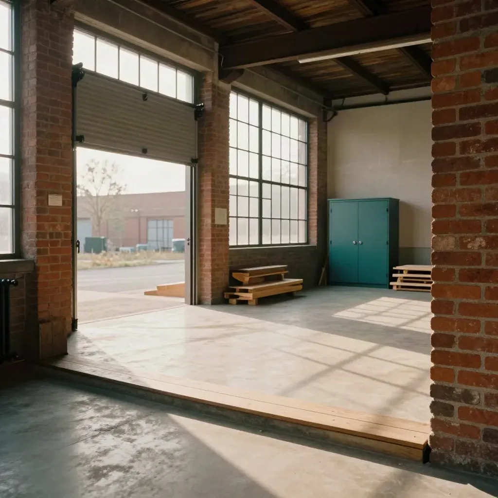 Industrial loft with brick, loading bay light, and a teal cabinet in a sunlit scouting view.