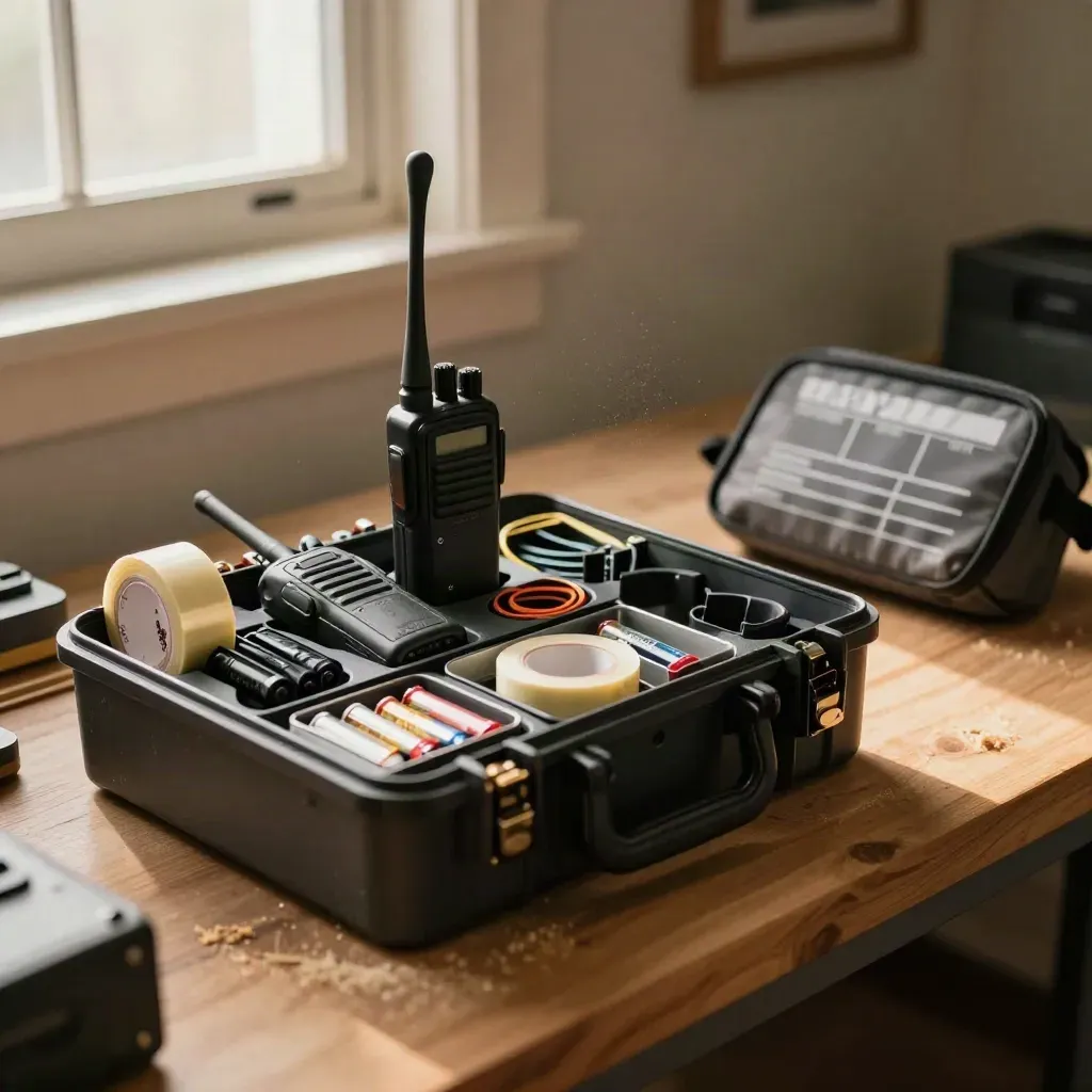 Film prep kit in a hard case with walkies, batteries, tape rolls, and cable ties on a warm bench.