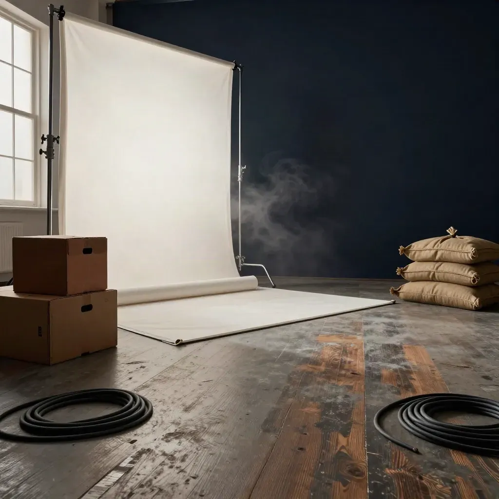 Soundstage rig with diffusion frame, tube light, sandbags and coiled cables in drifting haze
