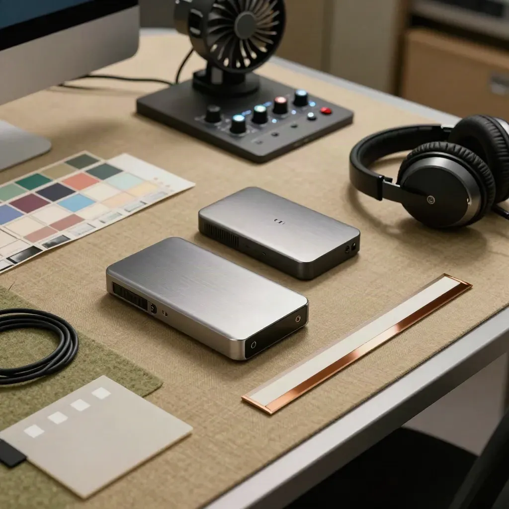 Grading desk with drives, color chips, headphones and control surface in moody light.