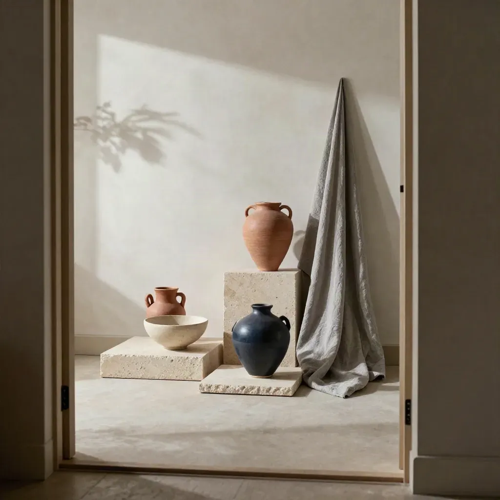 Empty sunlit atelier corner with clay vessels, linen drape, plinths and a plant shadow.