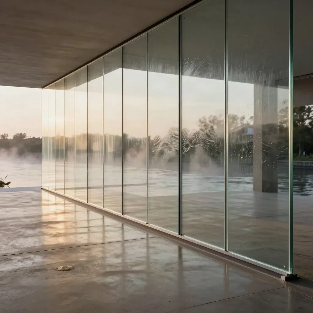 Glowing river-facing glass wall beside polished concrete, lit by dusk and mist