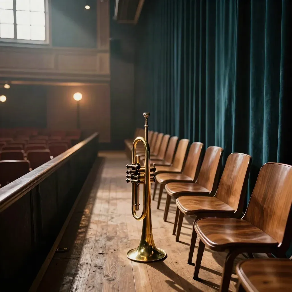 Empty jazz hall stage with brass horn, warm lights, chairs, and teal drape