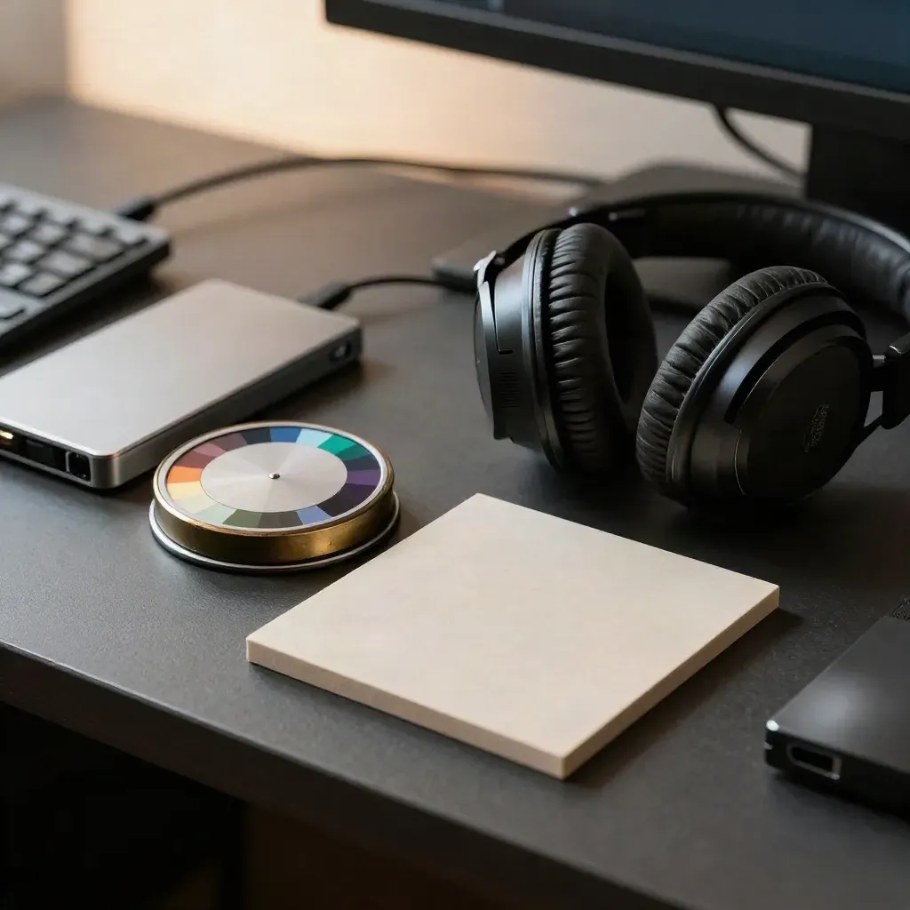 Top-down color grading tools on a dark console: puck, headphones, SSDs and calibration tile.