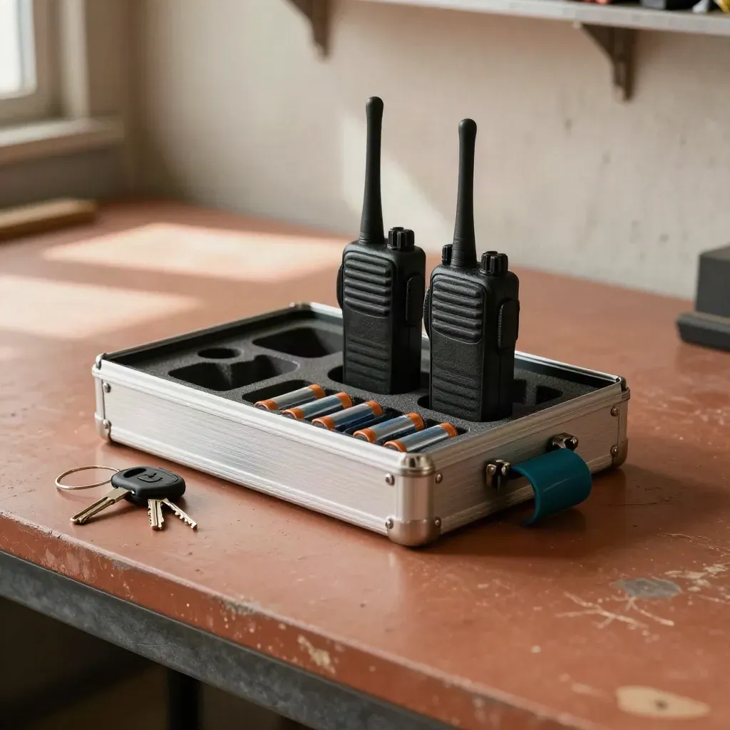 Producer kit with walkie-talkies, batteries, key fobs and trailer keys on a terracotta workbench.