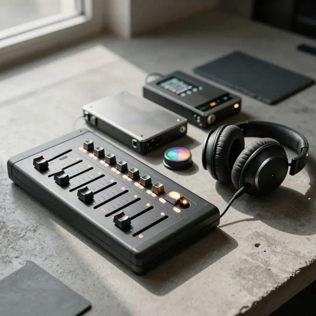 Editing suite still life with headphones, drives, control surface, and calibration tile.