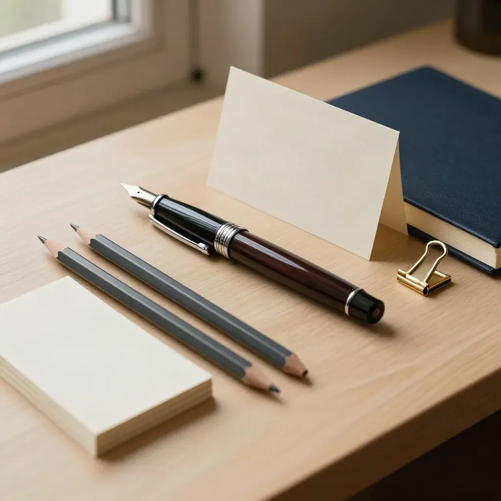 Fountain pen, pencils, index cards, brass clips, and navy notebook on pale wood